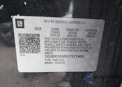 2018 Chevrolet Cruze Lt Auto из США, поврежденный, VIN 1G1BE5SM9J7177400